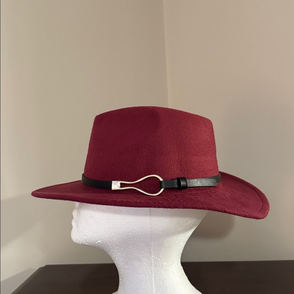 Fedora Hat Burgundy Red with Black Strap - Adjustable
